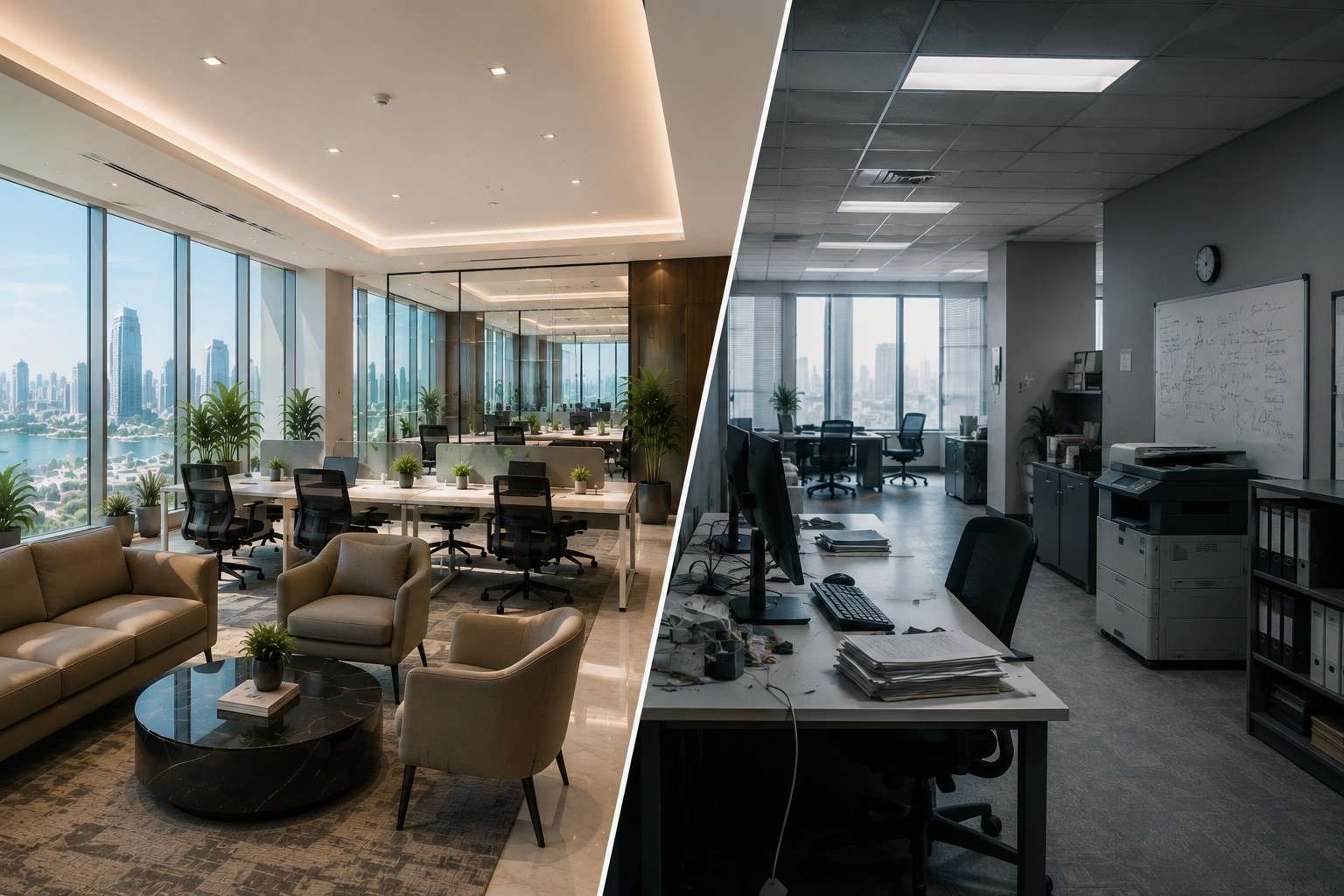 Shared workspace areas within the business center